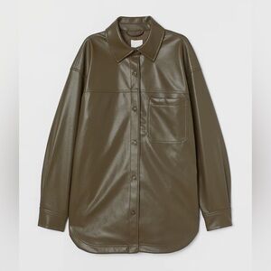H&M Olive Faux Leather Shacket Oversized Button Front Shirt Jacket Minimalist S